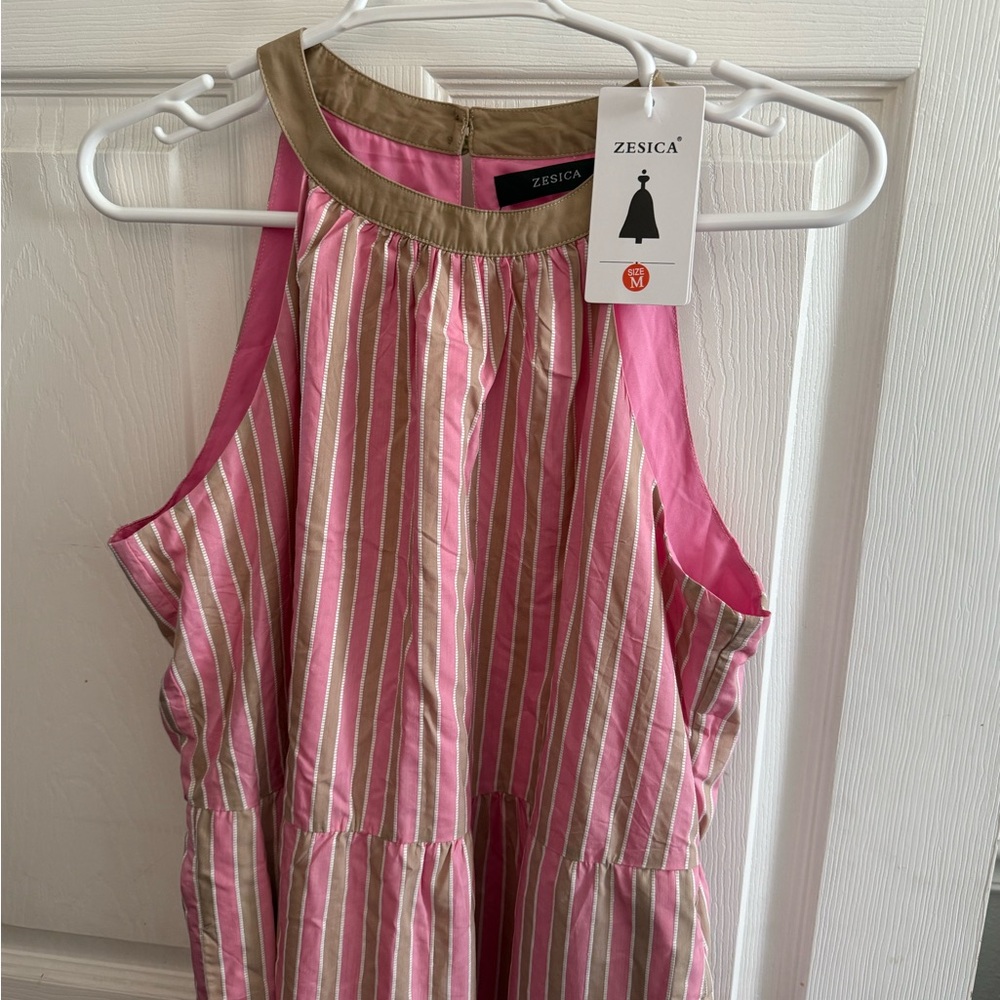 Zesica Pink + Tan Striped Halter Dress